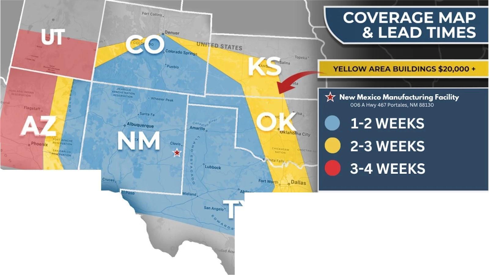 National Metal Structures coverage map showing service areas across NM, TX, OK, CO, KS, AZ, UT with lead times by region
